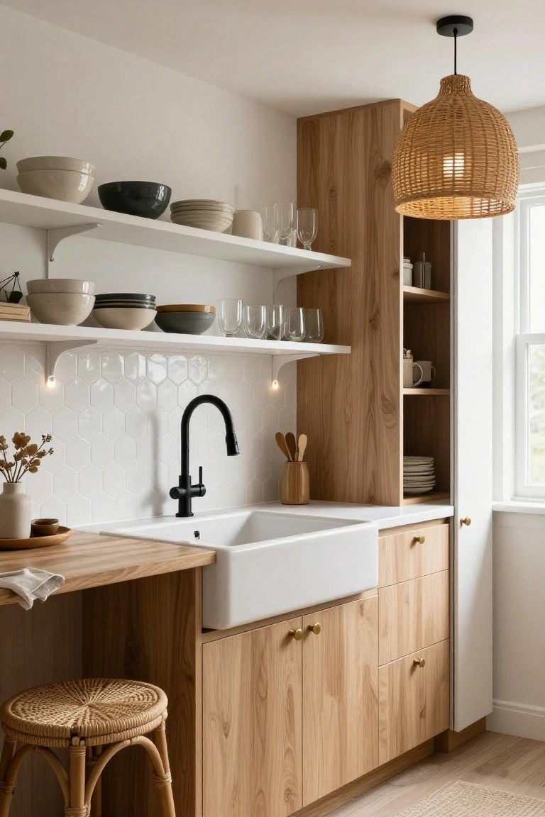 A small kitchen with light oak cabinets and island, white farmhouse sink, black pull-down faucet, open white shelves holding bowls plates and glasses, rattan pendant light and stool, wood floor, and window.