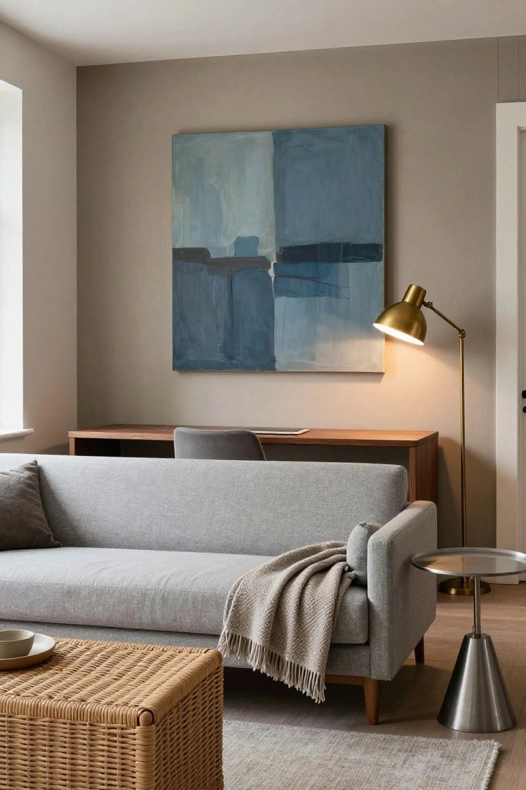 A gray fabric sofa with a light gray fringed throw blanket draped over it in a neutral living room with wooden desk, wicker coffee table, abstract blue painting, and brass floor lamp.