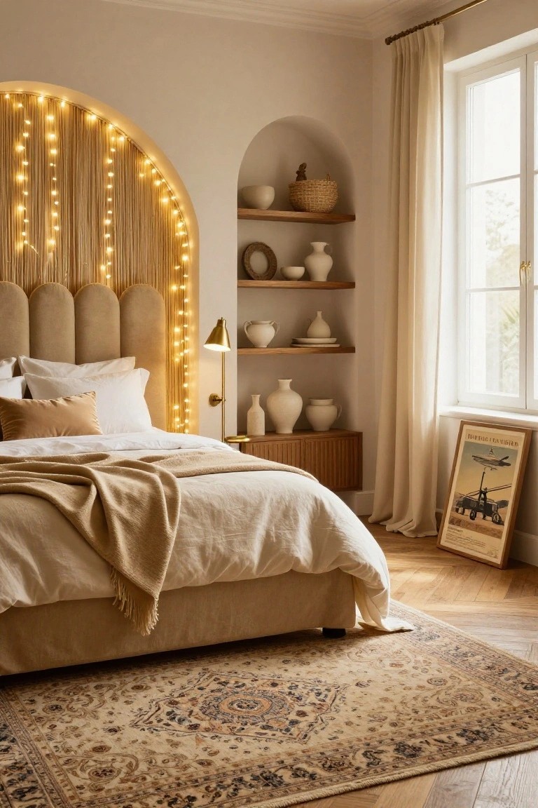 A king-sized bed with beige tufted headboard sits against a curved beige archway draped with warm string lights, in a light beige bedroom with floating shelves, ceramic vases, a tan throw blanket, sheer curtains, and a patterned rug on wood floors.
