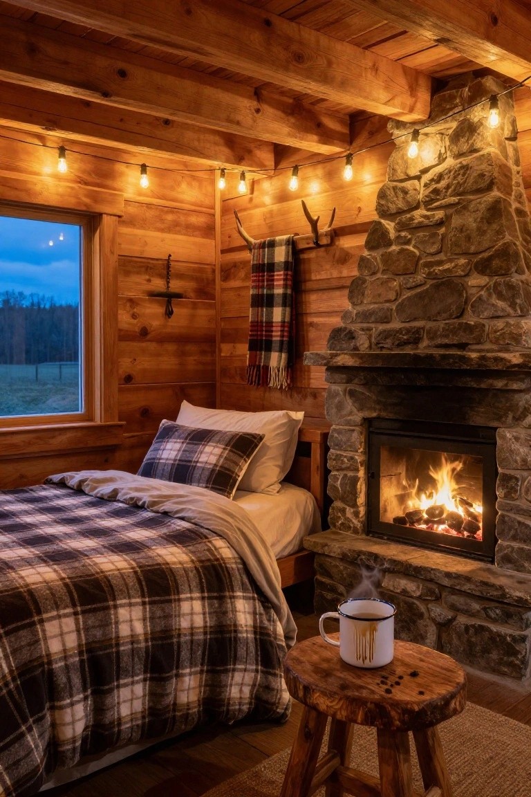 Wooden-walled cabin bedroom at dusk with string lights hanging from ceiling beams, stone fireplace with fire, plaid bedding on wood bed frame, wooden stool holding enameled mug, plaid throw on wall, antlers on hooks, and window showing fields outside.