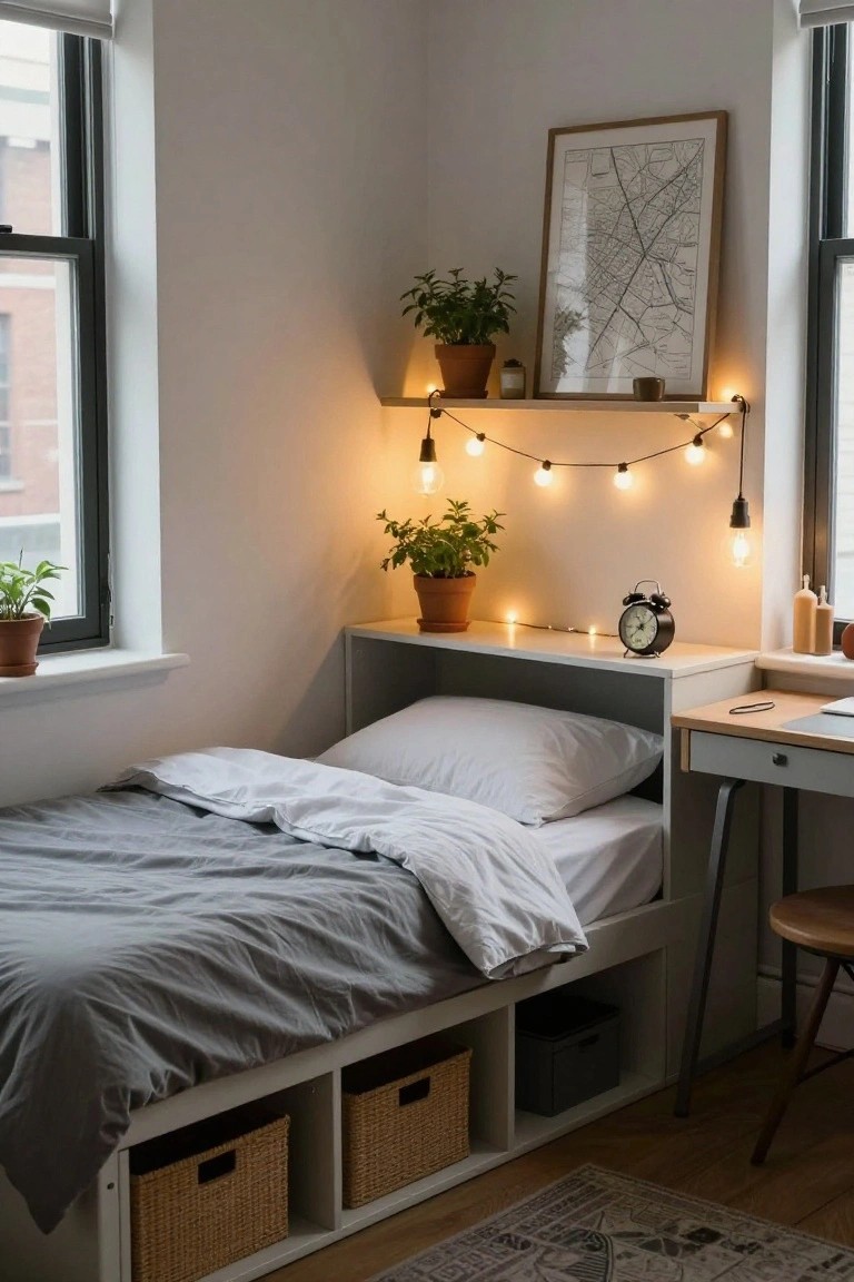 Compact bedroom corner featuring a single bed with gray linens under white floating shelves strung with warm string lights, flanked by plants in terracotta pots, a map poster, desk, and clock.