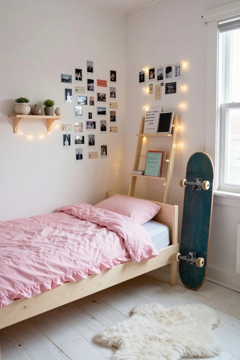 Cozy bedroom with pink ruffled bedding on a wooden bed frame, wooden ladder shelf wrapped in string lights holding books and plants, polaroid photos pinned to white walls, potted succulents on floating shelves, and teal skateboard leaning nearby.