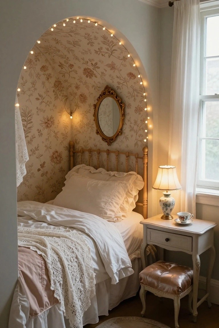 Arched bedroom alcove with floral-patterned wallpaper lined by string lights, wood-frame bed with white ruffled bedding and pink throw, white nightstand holding lamp and teacup, pink stool, and window with white curtains.