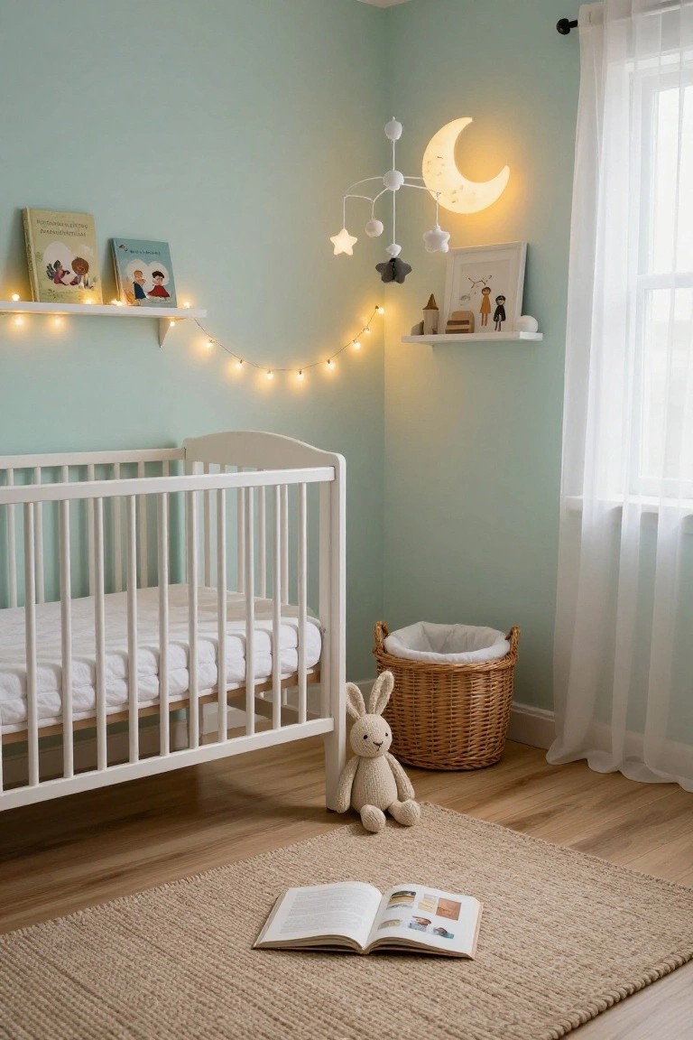 Mint green nursery room with white crib, floating white shelf holding books and string lights, moon-shaped wall light and mobile, stuffed bunny on floor, open book on beige rug, wicker basket, and white curtains by window.