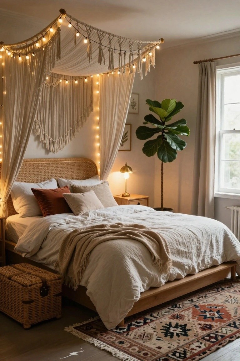 A bedroom with a rattan bed under a white macrame canopy strung with warm string lights, a fiddle leaf fig plant next to a brass lamp, neutral bedding, wicker trunk, and patterned rug on wood floors.