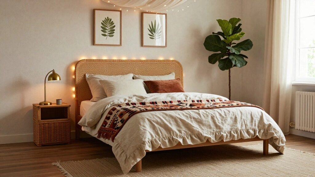 A bedroom with a rattan bed under a white macrame canopy strung with warm string lights, a fiddle leaf fig plant next to a brass lamp, neutral bedding, wicker trunk, and patterned rug on wood floors.