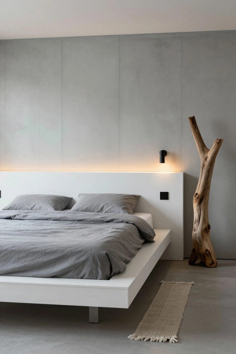 Modern bedroom interior featuring a white platform bed with gray linen bedding, gray paneled walls, a tall driftwood tree sculpture, black wall sconce, LED strip lighting behind the headboard, and a seagrass runner rug on a concrete floor.