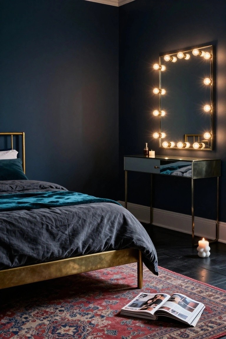 Corner of a navy blue bedroom with brass bed frame, gray linens, teal throw, brass vanity table with glass top and large rectangular mirror edged in white bulb lights, perfume bottles, candle, and open magazine on red patterned rug.