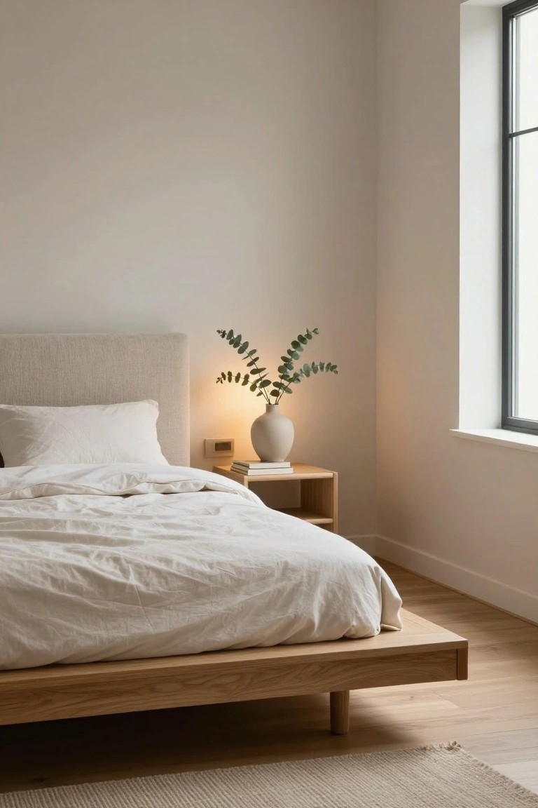 Corner of a minimalist bedroom with a low oak platform bed covered in white linens, a wood nightstand with books, a lit lamp, and a white vase of eucalyptus branches beside a large window.
