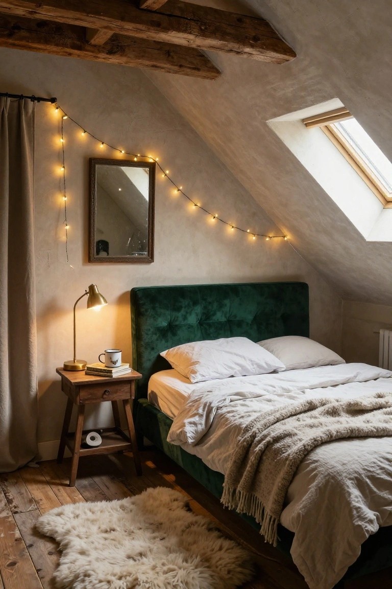 Cozy attic bedroom with sloped plaster walls and wooden beams, green velvet headboard on bed with white sheets and beige throw, wooden nightstand with brass lamp, mug, books, and toilet paper roll, sheepskin rug on wood floor, string lights draped along walls and around framed mirror, skylight, and draped window.