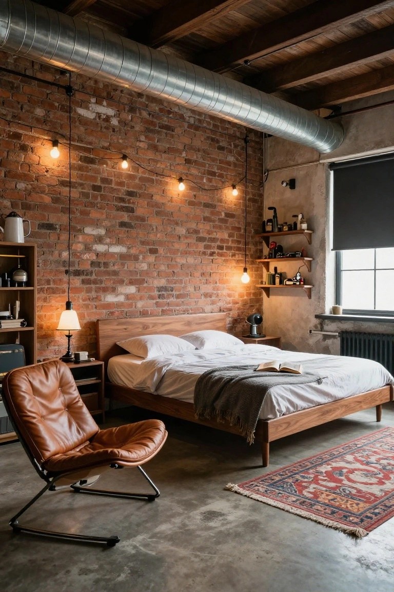 Bedroom with exposed brick wall lined by hanging bulb string lights, wooden bed with white sheets and gray throw, brown leather chair, and metal ductwork overhead.