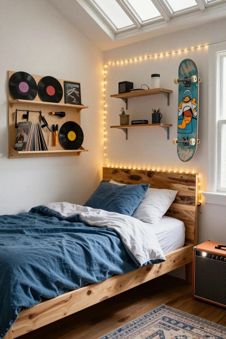 A cozy bedroom with a wooden bed frame and blue linen bedding, yellow string lights outlining the headboard and running along white walls, wooden floating shelves holding vinyl records and plants, a skateboard mounted nearby, and an orange guitar amp on the floor.