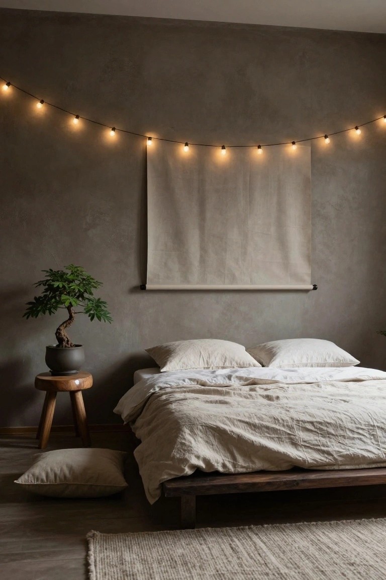 Cozy bedroom featuring a low wooden platform bed with white linen bedding and pillows, a bonsai tree in a gray pot on a wooden stool, a beige fabric wall hanging, warm string lights draped along the upper textured gray wall, and a cream floor pillow and woven rug on the wooden floor.