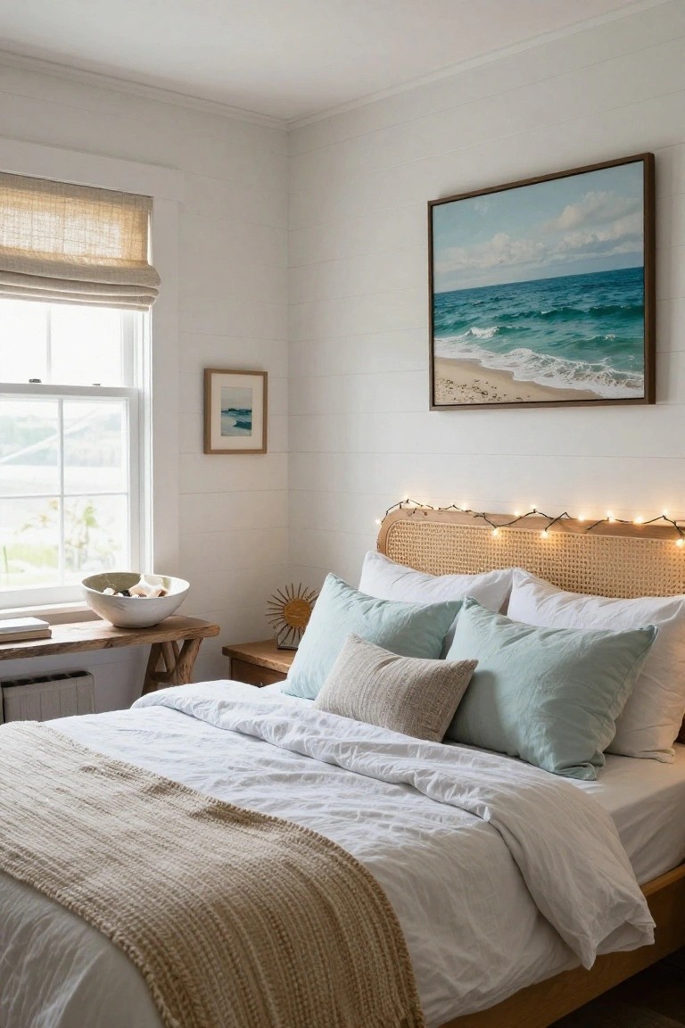 Bedroom corner with rattan headboard strung with small white lights, white bedding with green and beige pillows, wooden nightstand holding a bowl of shells, and ocean artwork on white shiplap walls.