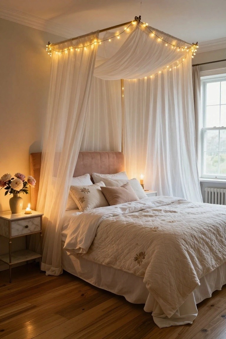 Cozy bedroom featuring a canopy bed, soft lighting, and floral decorations.