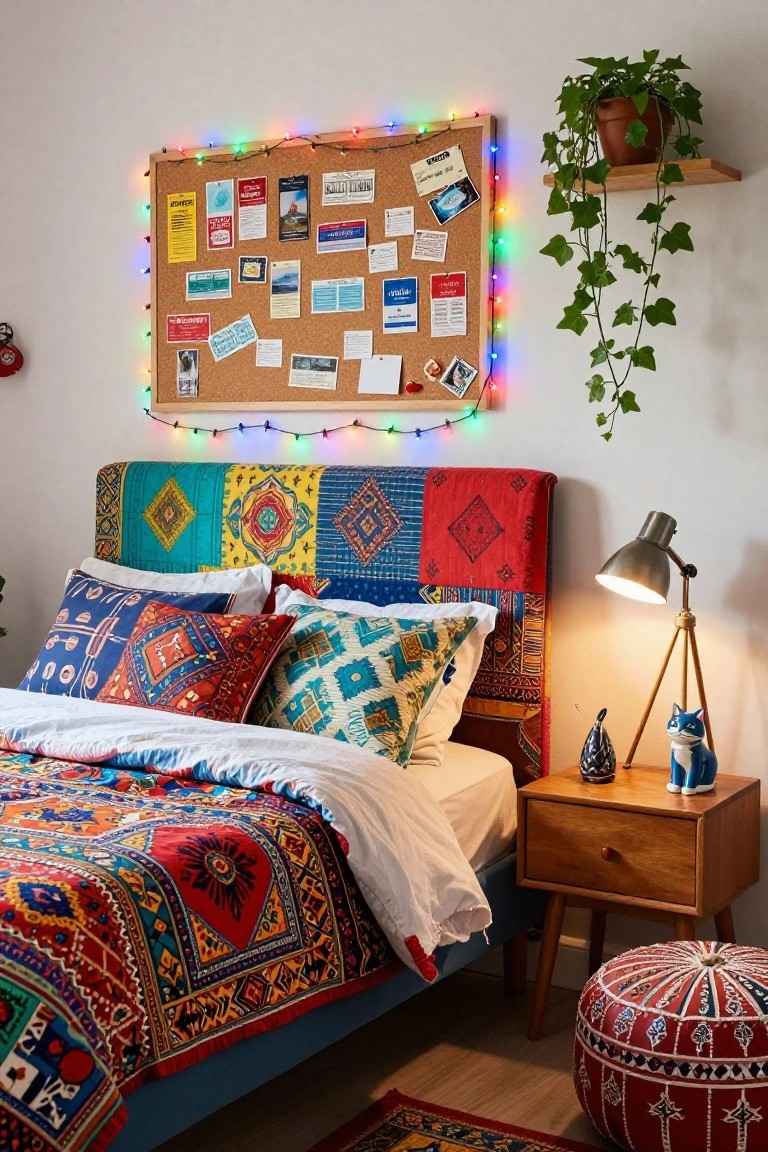 Bedroom with corkboard on wall framed by multicolored string lights above colorful patchwork bed, ivy plant on shelf, arc lamp on wooden nightstand, and red pouf stool on floor.