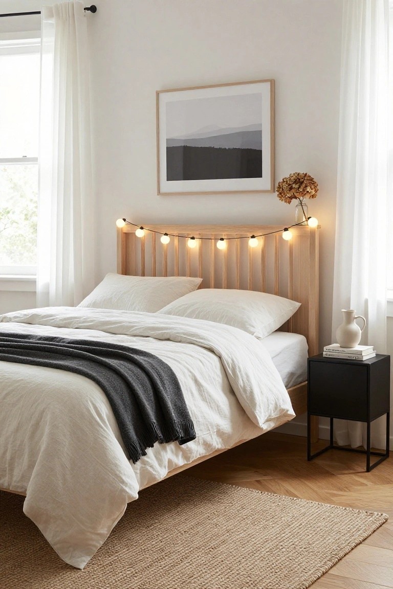 A light wooden bed frame with white linens and a gray throw, headboard strung with warm globe string lights, black nightstand holding books and a white vase, beside sheer curtains and a window in a white-walled bedroom.