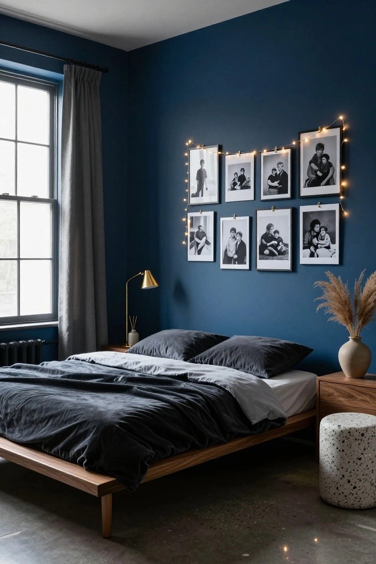 Bedroom interior with navy blue wall displaying black-and-white family photos in frames clipped to fairy string lights, wooden platform bed with gray linens, bedside table holding brass lamp and vase, gray linen curtains on window, potted pampas grass, and polka dot stool on concrete floor.