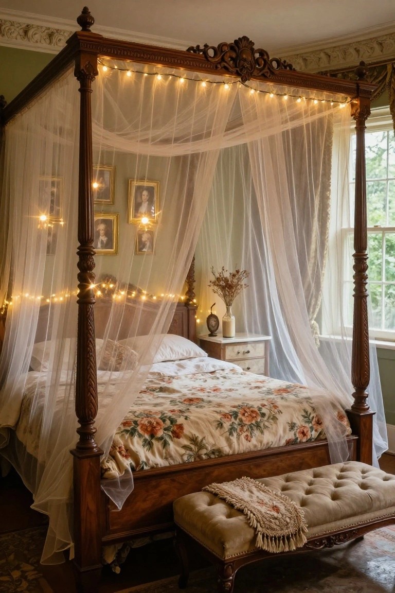 Wooden four-poster bed with sheer canopy draped in string lights, floral quilt, pillows, nightstand with candle and clock, and framed portraits on pale green walls in a bedroom.