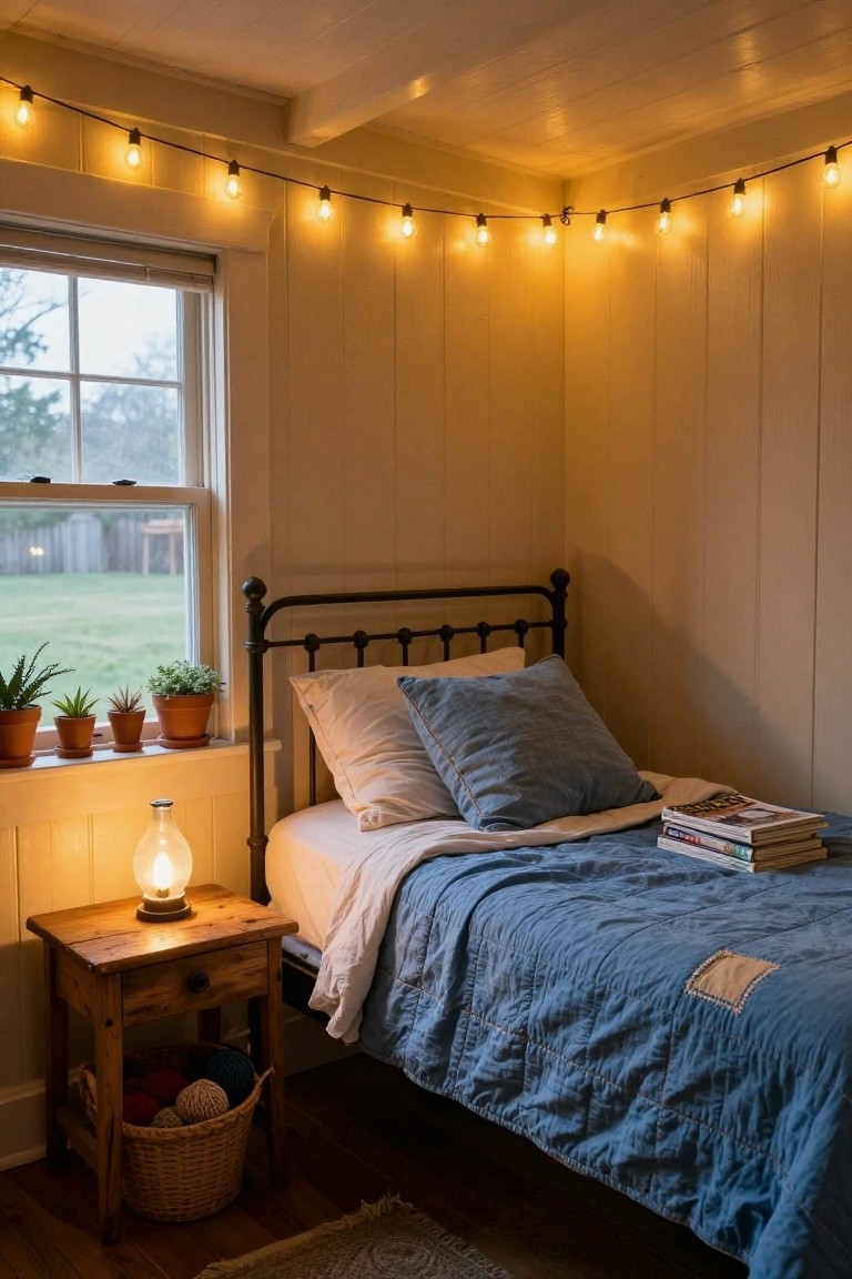 Cozy bedroom with black iron bed draped in blue quilt and white sheets, string lights along beige wood-paneled walls and ceiling, potted plants on windowsill, wooden nightstand holding glass lantern and yarn basket, viewed from room corner with yard outside window.