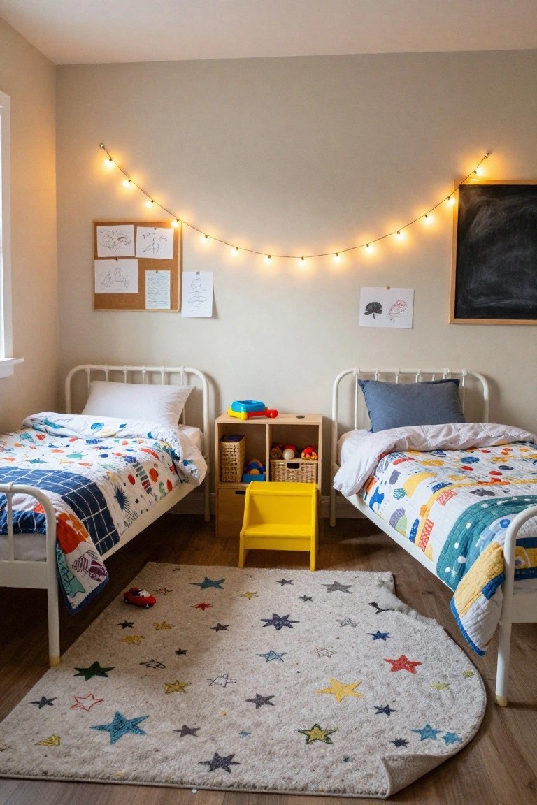 Children's bedroom featuring two white metal twin beds with colorful patchwork quilts, a star-patterned rug, yellow string lights draped across the wall above a corkboard and chalkboard, toy shelves, and a small yellow chair.