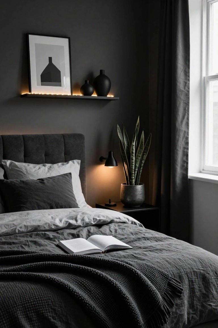 Dark gray bedroom corner with floating wooden shelf above bed, lit from below by thin warm LED strip lights, displaying black vases and framed abstract art, snake plant in gray pot on nightstand beside open book on gray linens.