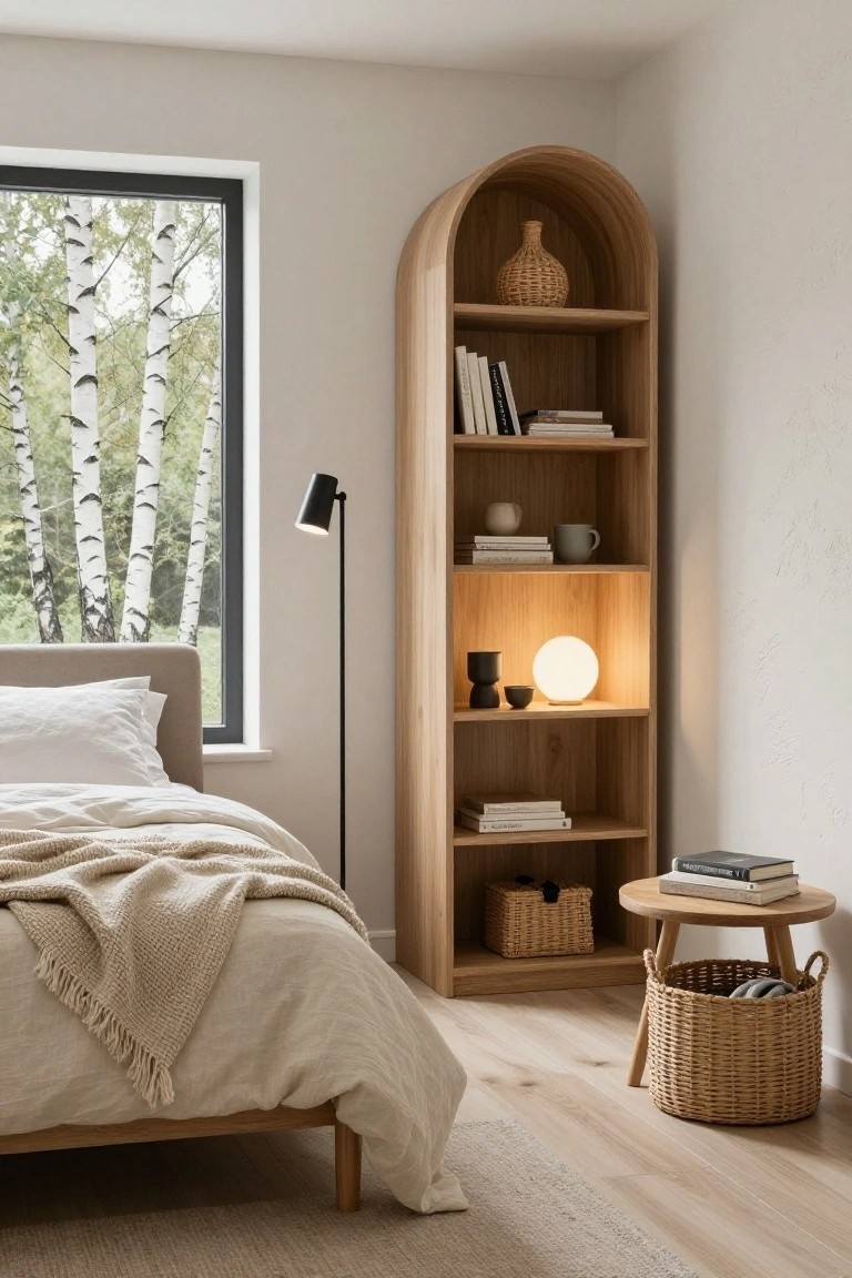 Bedroom with tall arched oak bookshelf in corner holding books, pottery, and lit globe, beside bed with white linens and throw, black floor lamp, and window to birch trees.
