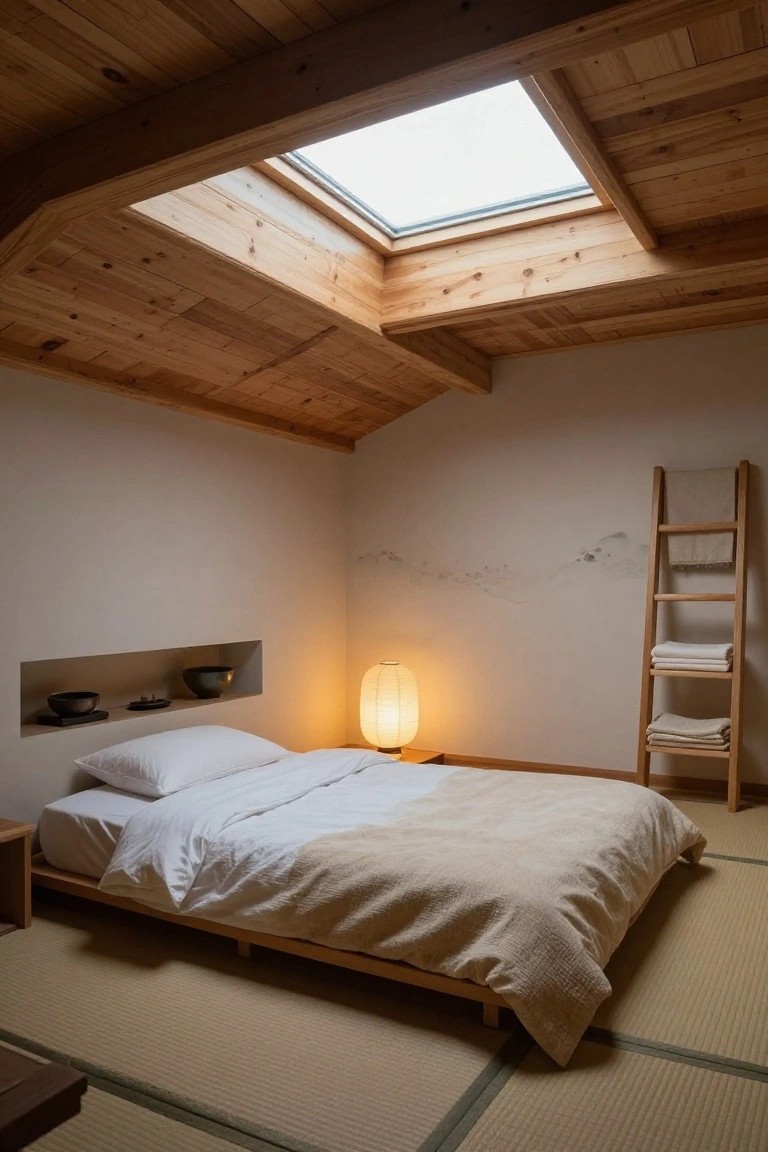 A minimalist bedroom with exposed wooden beams on the ceiling, skylight, low platform bed on tatami mats, paper lantern lamp, nicho wall niche with black bowls, and wooden ladder holding folded linens against white walls.