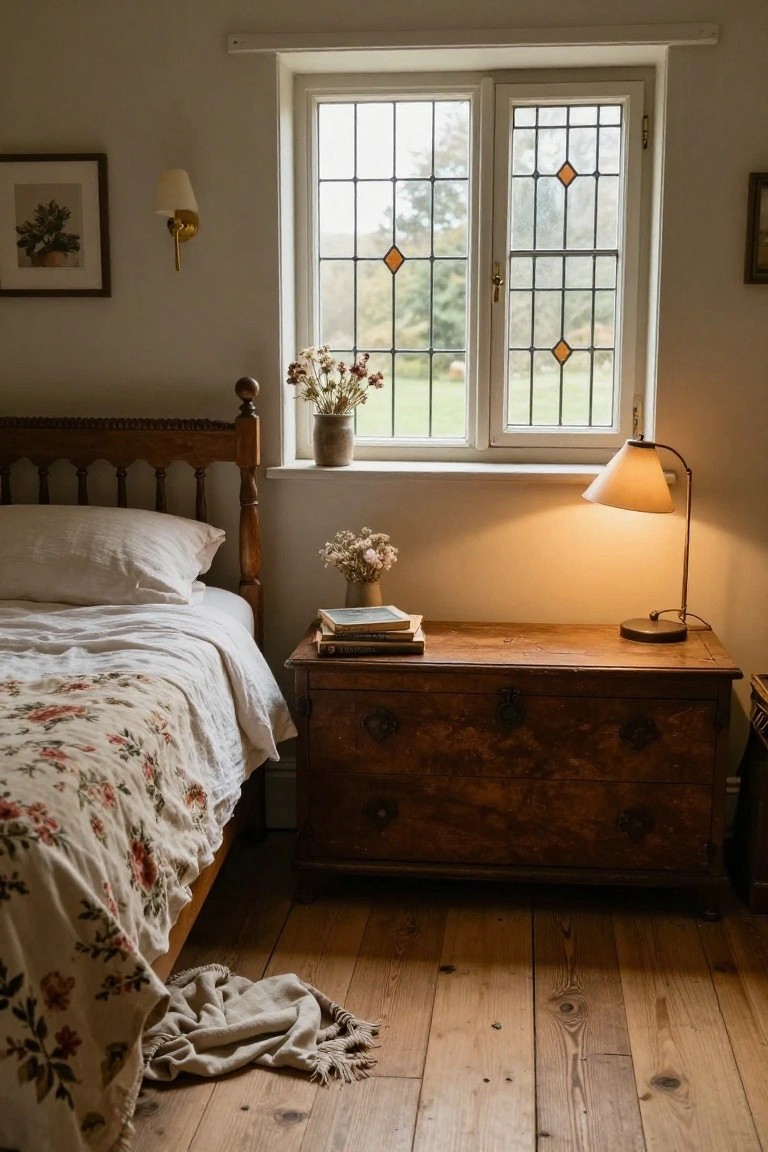 A cozy bedroom interior with a wooden spindle bed frame, adjacent wooden trunk chest used as nightstand with lamp books and vase, leaded glass window with amber inserts overlooking trees and field, dried flower arrangements, white linens on bed, and wooden floor with linen throw.