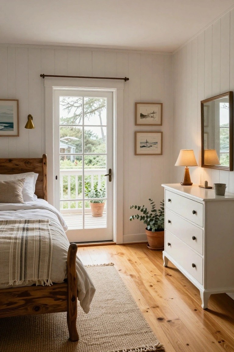 Bedroom with rustic wooden bed frame and matching floors, white shiplap walls, white dresser with plants, framed art, lamps, and French doors opening to a balcony with trees and garden view.