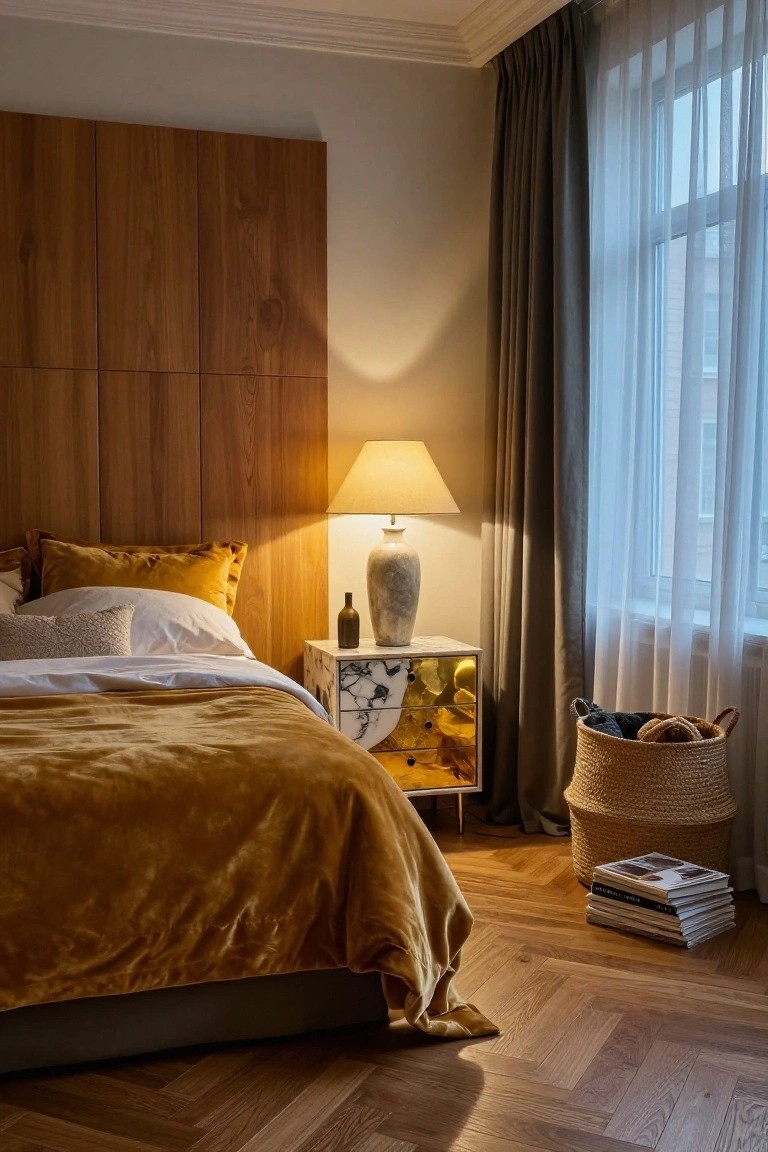 A bedroom interior with light vertical wood paneling on the wall behind a bed covered in mustard yellow velvet bedding, a white ceramic lamp on a marbled gold nightstand, sheer curtains over large windows, and herringbone wood flooring.
