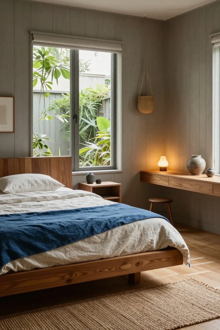 Corner bedroom with low wooden platform bed covered in white linens and blue throw, adjacent wooden nightstand and floating desk shelf holding lamp and ceramics, light grey vertical board walls, and large window with roller blind overlooking tropical plants.
