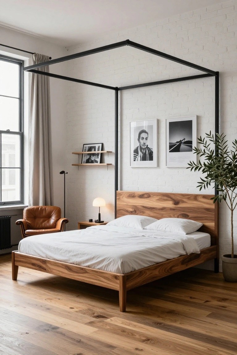 Bedroom with low wooden bed under black metal canopy frame against white brick wall, tan leather armchair, bedside table with lamp, framed black-and-white photos, shelving, large curtained window, potted olive tree, and hardwood floor
