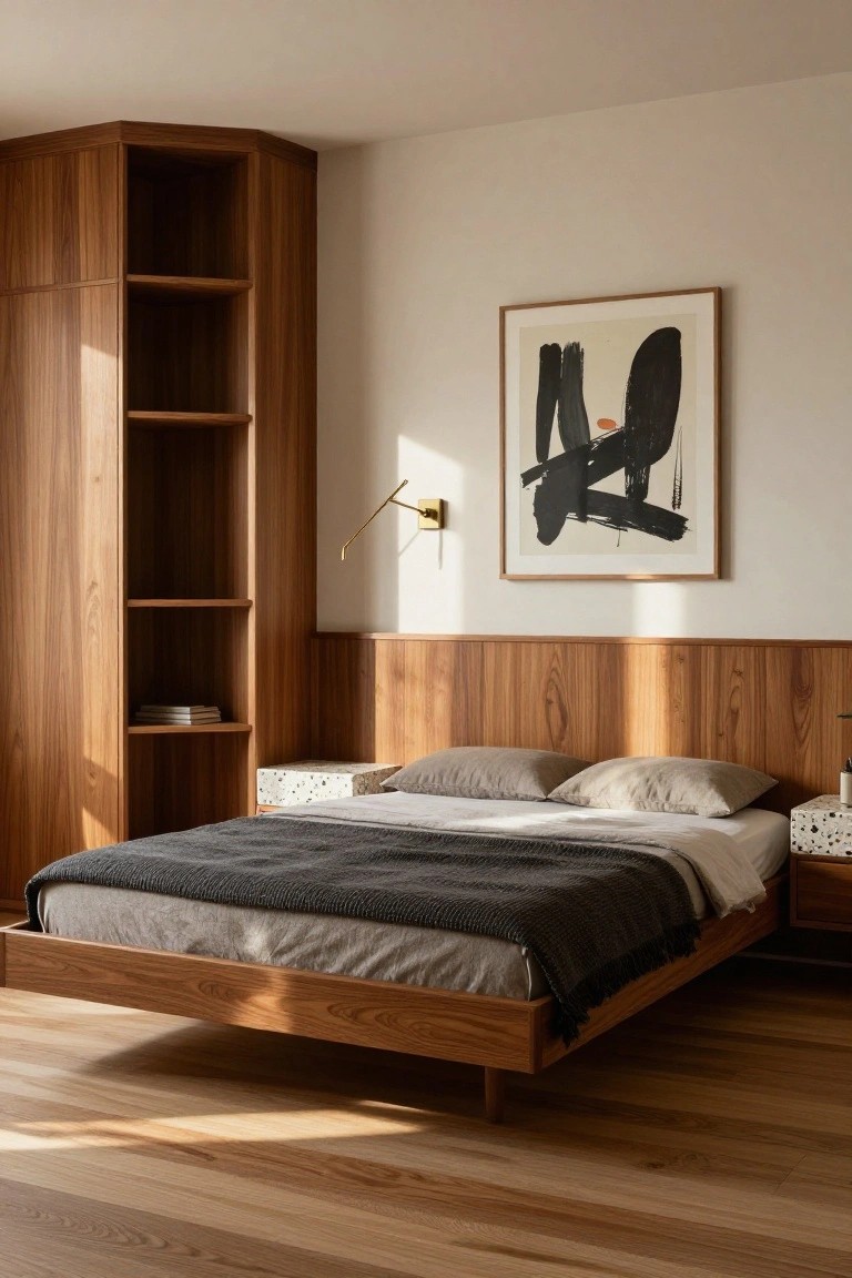 A modern bedroom with a floating wood bed frame, gray bedding, wood-paneled headboard wall, tall built-in wardrobe, abstract framed artwork, wall lamp, and speckled nightstands on a wood floor.
