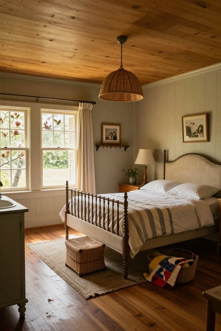 Bedroom with light wood plank ceiling, spindle bed draped in white linens and striped bedding, large double windows with sheer curtains showing trees outside, side tables, lamp, and woven baskets on hardwood floor.