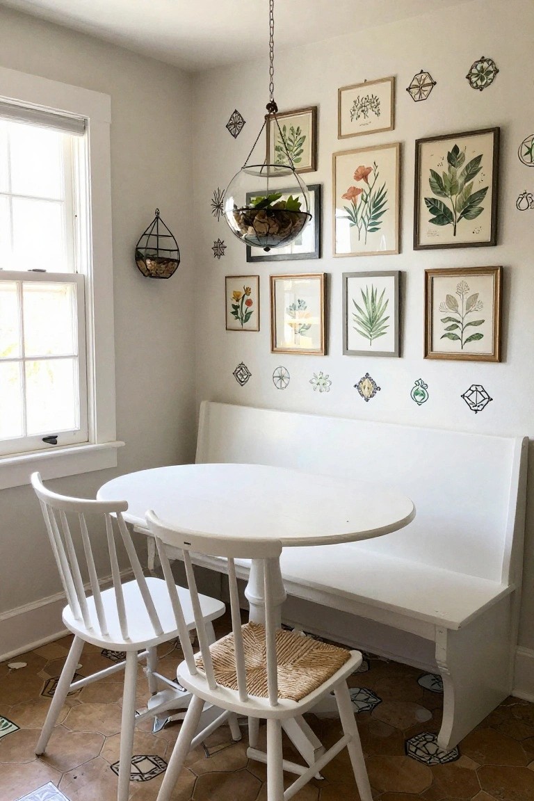 White banquette with round table and chairs in a sunny kitchen corner, walls covered in assorted framed botanical prints, hanging glass terrariums with plants, geometric wall accents, and hexagonal terracotta floor tiles.