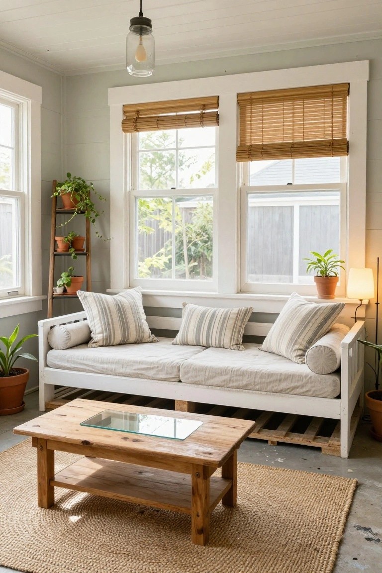Sunroom interior with pale green walls, large windows with bamboo shades, white wooden daybed on pallets with beige striped cushions and bolsters, wooden coffee table with glass top, potted plants on ladder shelf and floor, seagrass rug.