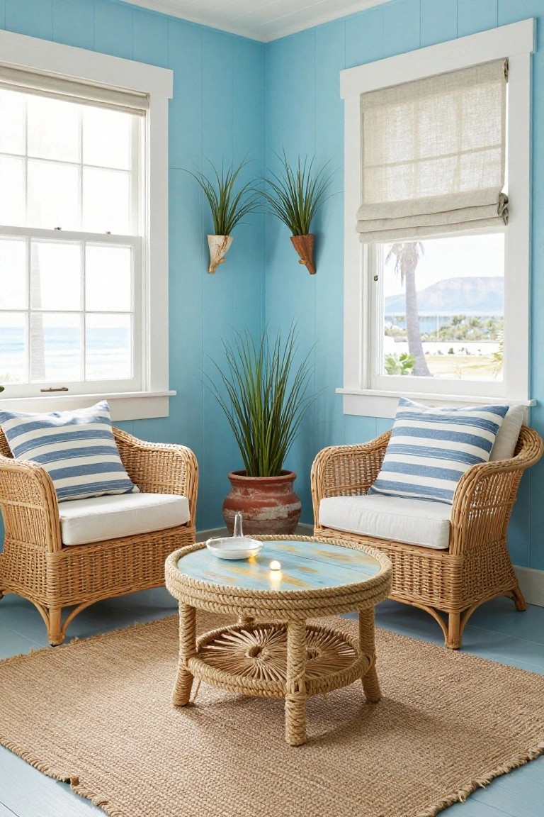 Light blue interior room with two rattan armchairs upholstered in white cushions and blue-white striped pillows, arranged around a round glass-top table with rope base, potted grasses nearby, large windows overlooking ocean and palms, beige seagrass rug on floor.