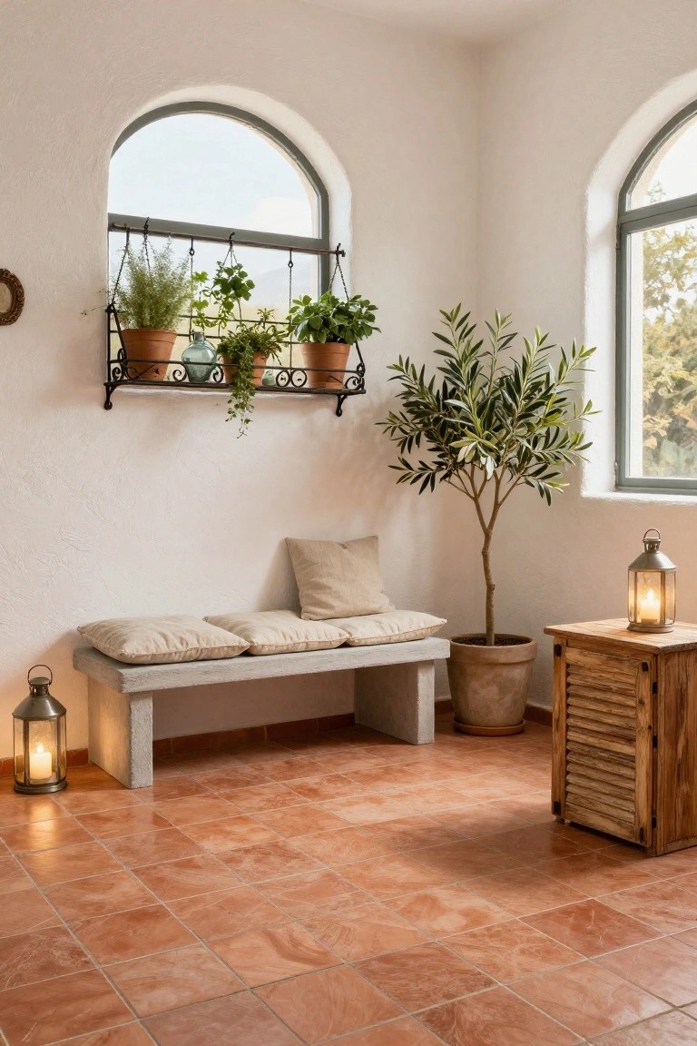 Sunlit interior corner with white walls, two arched green-framed windows, hanging terracotta planters with herbs and ivy, potted olive tree, cushioned bench on terracotta tile floor, wooden side table, and two metal lanterns.
