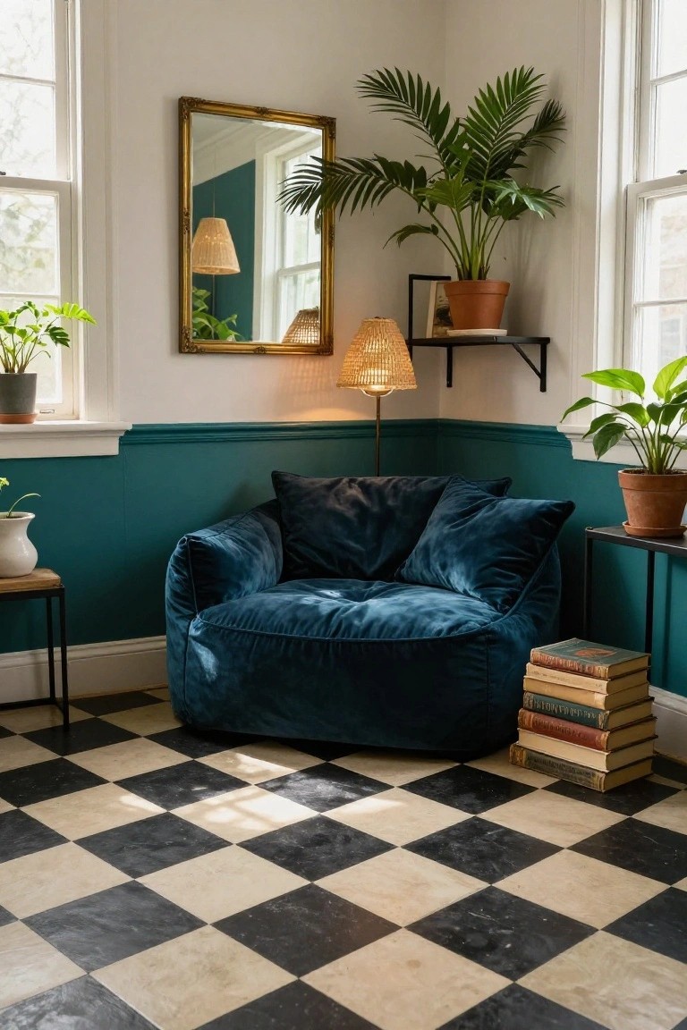 Sunlit indoor corner with a large teal velvet armchair, surrounded by potted plants including palms and ferns, a gold-framed mirror, rattan lamp on shelf, stack of vintage books on black metal side table, and black-and-white checkered tile floor.