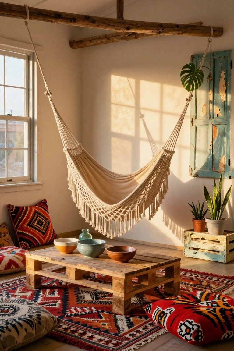 Indoor sunroom corner with a large beige macrame hammock hanging from wooden beams, wooden pallet coffee table topped with ceramic bowls, colorful patterned pillows and rug, potted plants, turquoise shuttered door, and window with natural light.