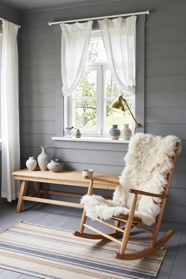 Sunroom interior with gray shiplap walls, white curtains on windows, wooden bench holding ceramic vases and a mug, brass lamp, and wooden rocking chair covered in white sheepskin on a striped rag rug.
