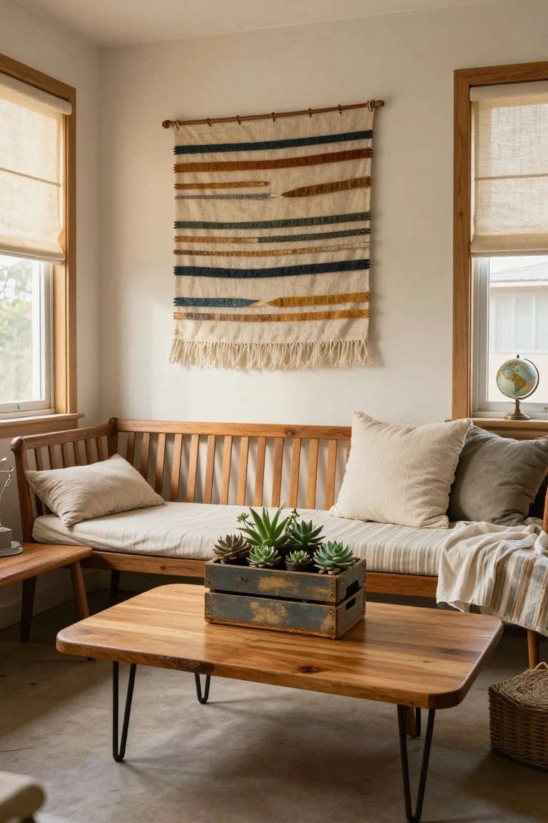 Sunlit interior room featuring a wooden bench with beige cushions, a low wooden coffee table with potted succulents in a gray crate, a large woven wall hanging, globe on a shelf, and windows with linen shades.
