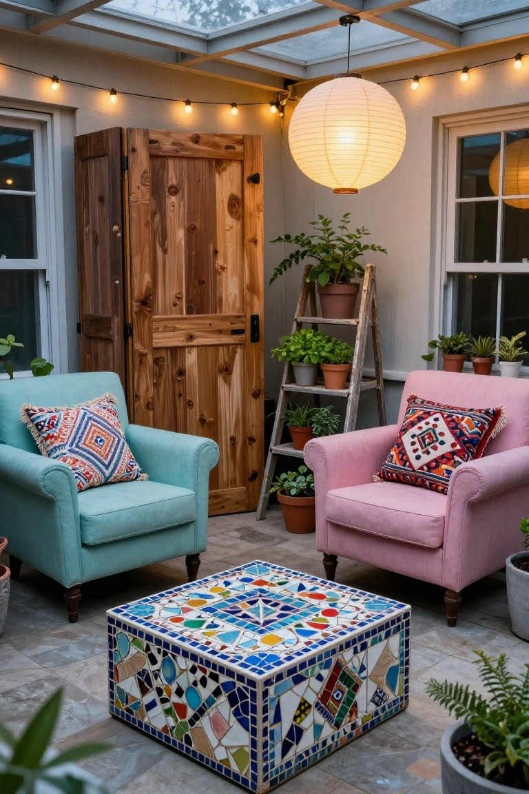Sunroom corner with teal armchair and pink armchair facing each other around a low colorful mosaic-tiled coffee table, potted plants on shelves and floor, wooden folding screen, string lights, paper lantern, and glass ceiling.