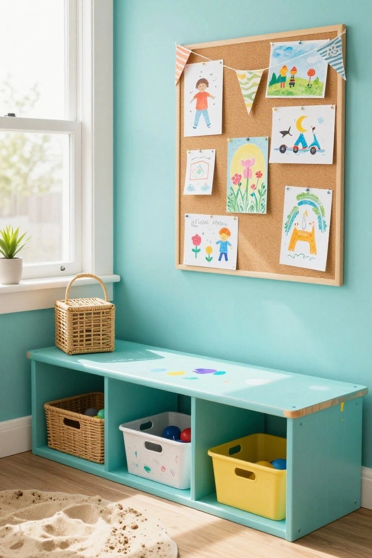 Turquoise wooden storage bench with cubbies holding wicker baskets, white plastic bin, and yellow bin with colorful balls, beside a corkboard displaying children's artwork on a light blue wall with a window and potted plant.
