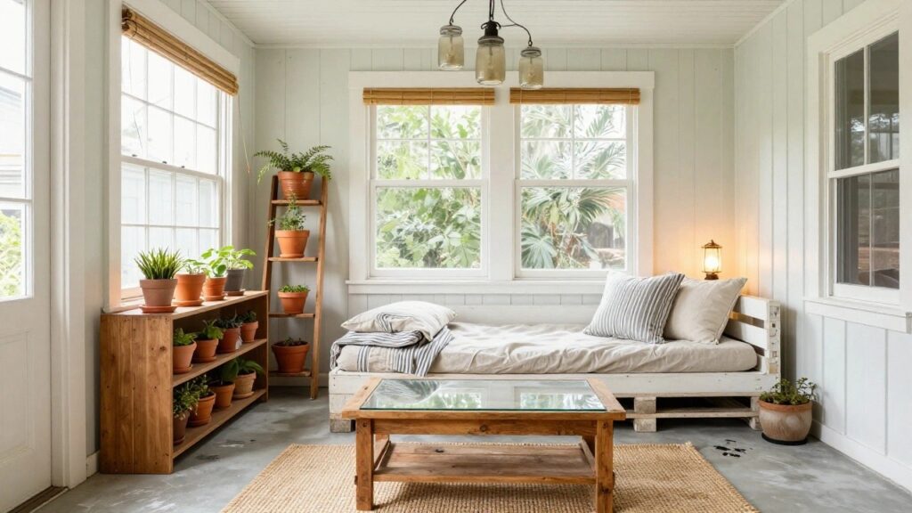 Sunroom interior with pale green walls, large windows with bamboo shades, white wooden daybed on pallets with beige striped cushions and bolsters, wooden coffee table with glass top, potted plants on ladder shelf and floor, seagrass rug.