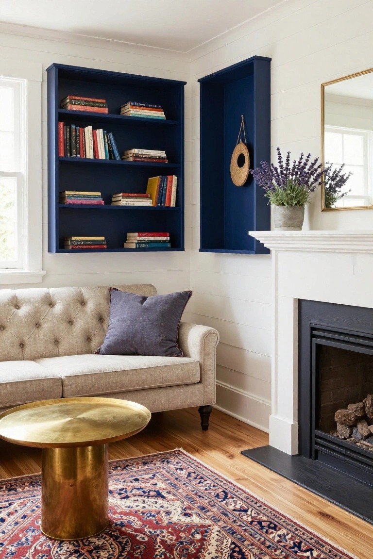Cozy indoor corner with navy blue built-in bookshelves filled with books, a beige tufted sofa with purple pillow, brass drum coffee table on a Persian rug, lavender plant, and white fireplace with black insert.