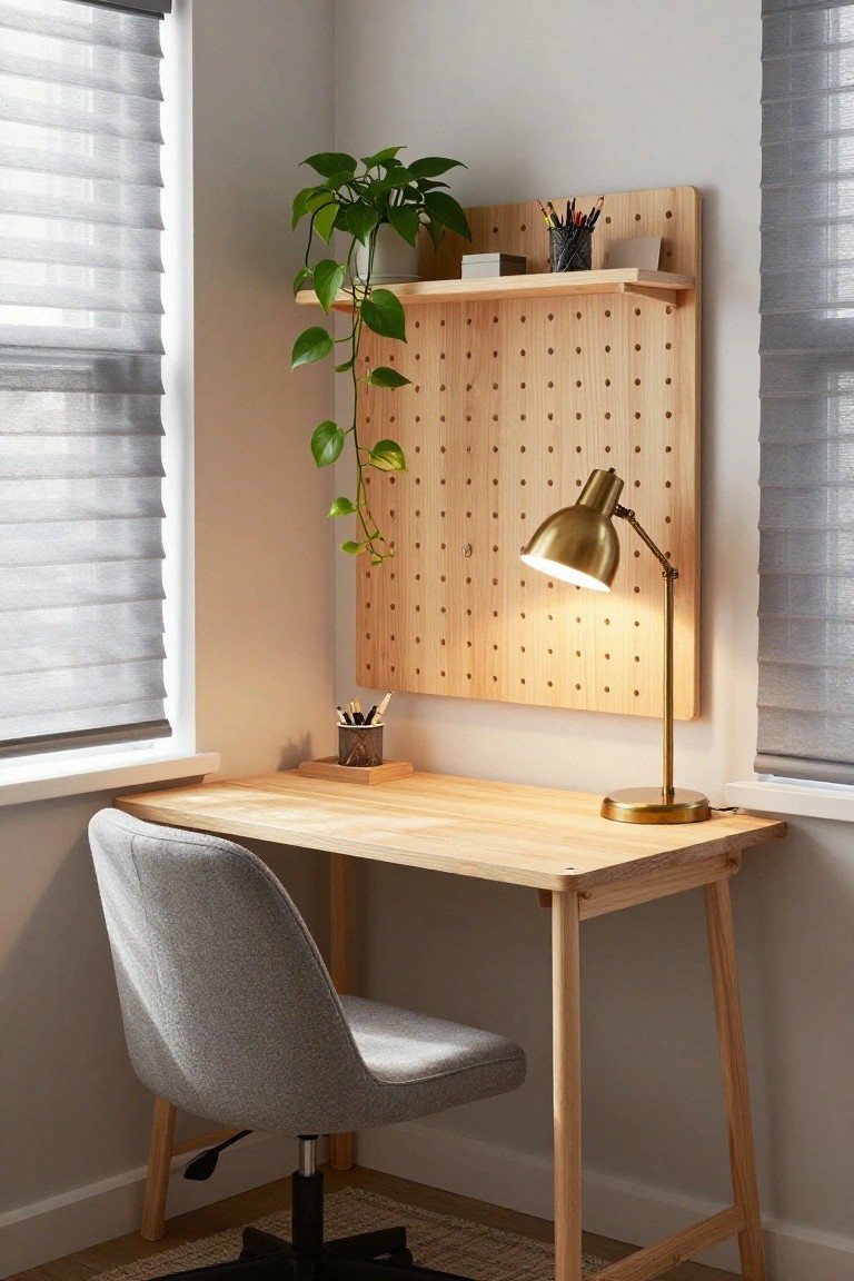 Corner workspace with light wooden desk, gray fabric chair, gold adjustable lamp, and wooden pegboard wall holding plant, pen holder, and shelves, next to windows with sheer gray blinds.