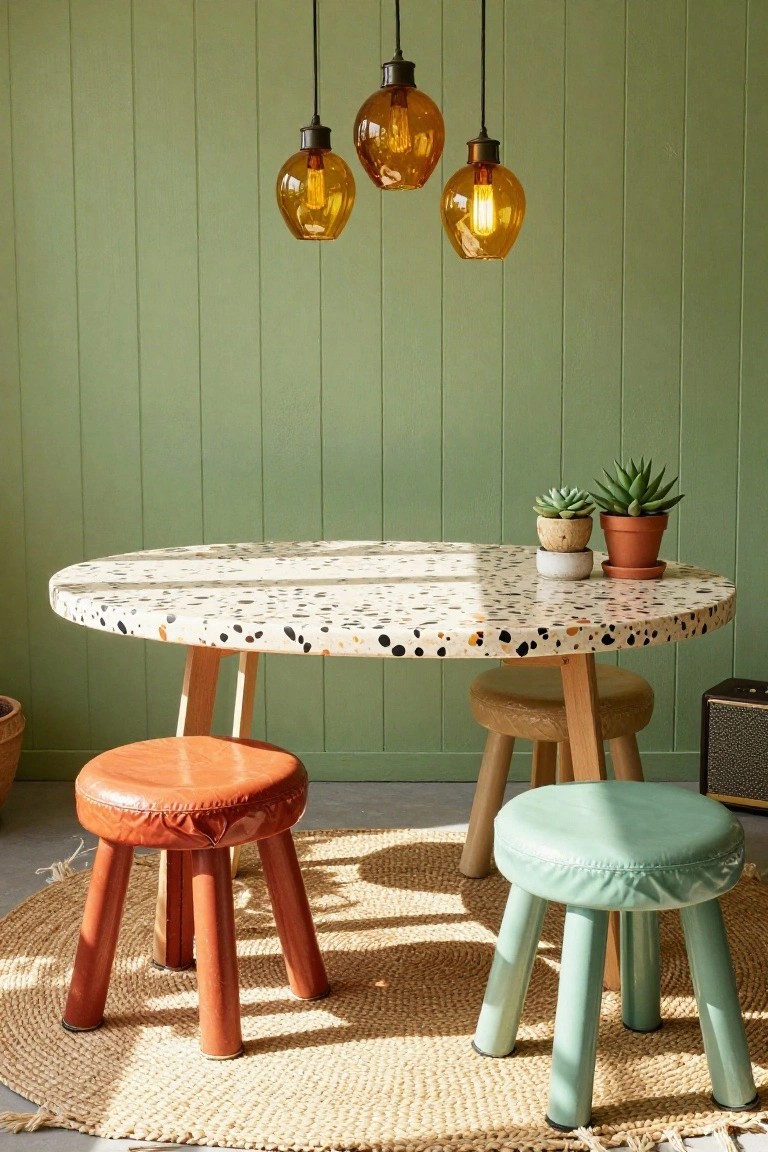 Mint green wood-paneled interior with a central round white terrazzo table on wood legs, surrounded by four stools including orange leather, green leather, and natural wood ones, two potted succulents on the table, three amber glass pendant lights overhead, and a seagrass rug on the floor.