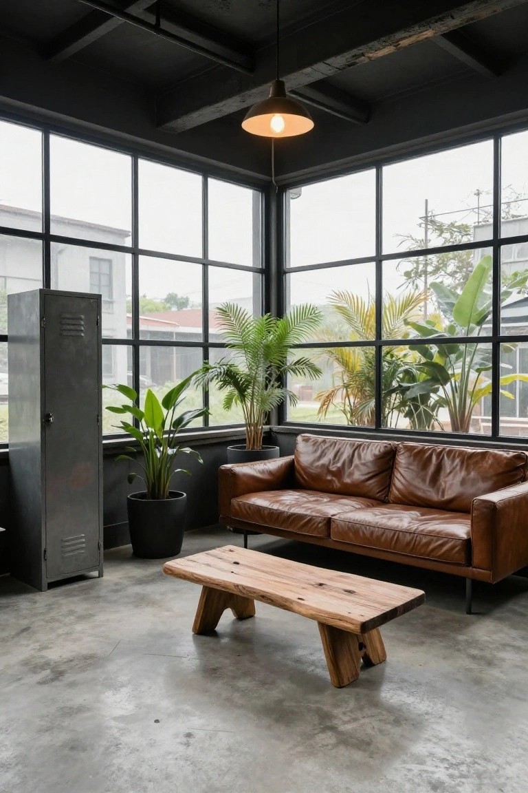 Corner sunroom with tan leather sofa, low rustic wooden coffee table on tapered legs, tall metal locker, potted tropical plants, and large black-framed windows on polished concrete floor.